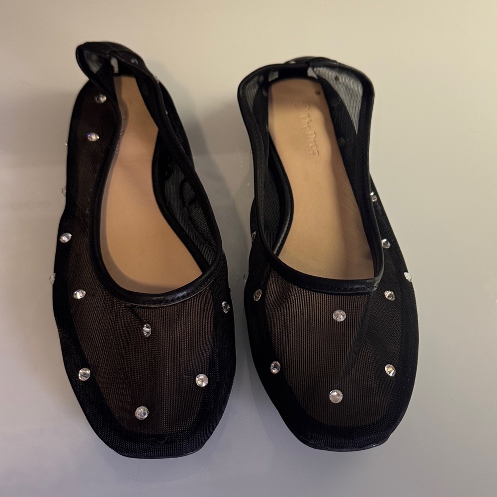 Black Mesh Ballet Flat With Rhinestone Detail